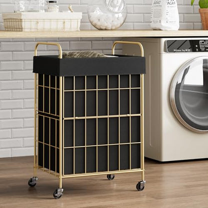 90L Laundry Hamper with Wheels, Laundry Basket with Handle and Liner Bag | Lockable Casters; Reinforced Frame; Breathable Fabric; Space-Efficient Design - color: Golden+Black, size: 90L-1 Section