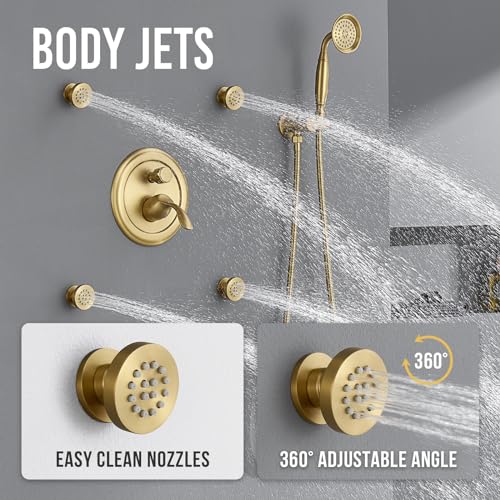 DASAN Antique Shower Faucet Sets Complete Rain Shower System in Wall with Body Shower Spray Jets, Brushed Gold Shower Fixtures with 9'' Rainfall Overhead Shower, Handheld, Valve & Trim Kit, AT249W-BTG - color: Brushed Gold