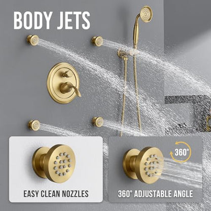 DASAN Antique Shower Faucet Sets Complete Rain Shower System in Wall with Body Shower Spray Jets, Brushed Gold Shower Fixtures with 9'' Rainfall Overhead Shower, Handheld, Valve & Trim Kit, AT249W-BTG - color: Brushed Gold