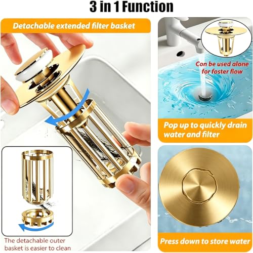 Anlige 3 in 1 Pop Up Bathroom Sink Stopper, Bathroom Sink Drain Strainer with Removable Basket Hair Catcher, Universal Sink Plug Cover for 1.06 in to 1.6 in Drain, Brushed Gold - color: Brushed Gold