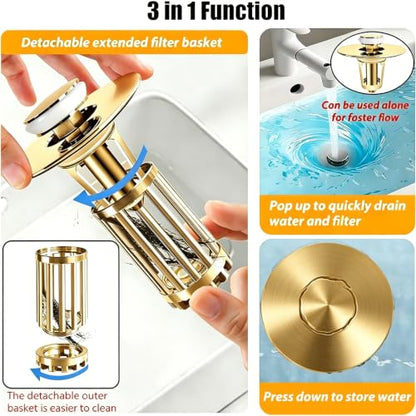 Anlige 3 in 1 Pop Up Bathroom Sink Stopper, Bathroom Sink Drain Strainer with Removable Basket Hair Catcher, Universal Sink Plug Cover for 1.06 in to 1.6 in Drain, Brushed Gold - color: Brushed Gold