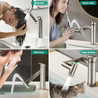 Bathroom Faucet 1 Hole with Temperature Display, Brushed Nickel | Batteries-Free, 1080° Rotatable Single Hole Bathroom Faucet, Single Handle Bathroom Vanity Faucets, 2 Spray Modes - color: Brushed Nickel