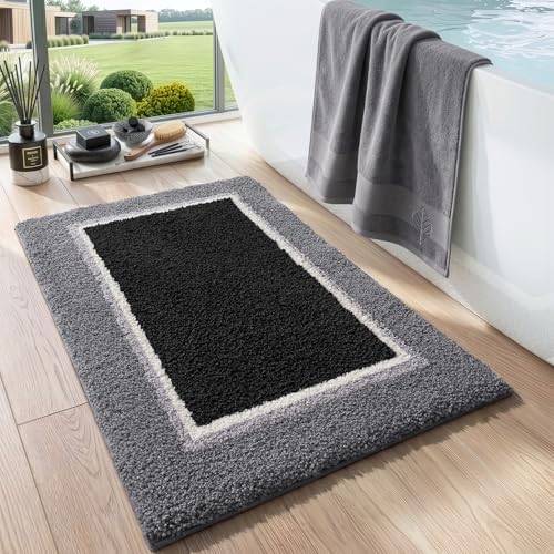 DEXI Bathroom Rugs 24x16, Soft Absorbent Bath Mat, Black and Grey | Non Slip Washable Bathmat, Thick and Plush Microfiber, Quick Dry, For Shower Floor, Sink, Tub, Laundry Room - color: Black and Grey, size: 24" X 16" (Rectangular)