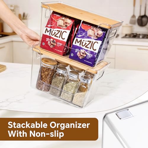 2 Set Pantry Organizers and Storage with Bamboo Lids, Stackable Clear Bins for Onion, Potato, Fruit, Vegetables, Trash Bag Dispenser, Kitchen and Under Sink Organizer - size: 2 Pack Large