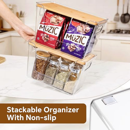 2 Set Pantry Organizers and Storage with Bamboo Lids, Stackable Clear Bins for Onion, Potato, Fruit, Vegetables, Trash Bag Dispenser, Kitchen and Under Sink Organizer - size: 2 Pack Large