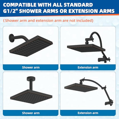 Hibbent cUPC Certified Thick Metal 8'' Rain Shower Head, Oil Rubbed Bronze | High Pressure Shower Head, Bathroom Waterfall Shower Heads, High Flow Fixed Showerheads with Adjustable Brass Ball Joint - color: Oil Rubbed Bronze, style: Square 8''