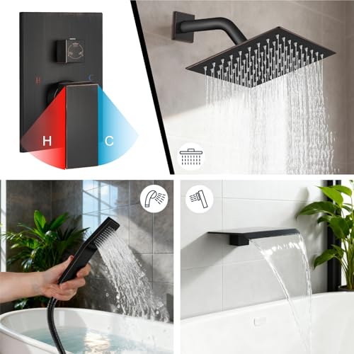 Midanya Shower System with Tub Spout,Bathtub Shower Faucet Set with Square Rainfall Head and Handheld Sprayer Wall Mount Tub Faucet Set with Valve and Trim Kit,8 Inch Oil Rubbed Bronze - color: Oil Rubbed Bronze, size: 8 Inch