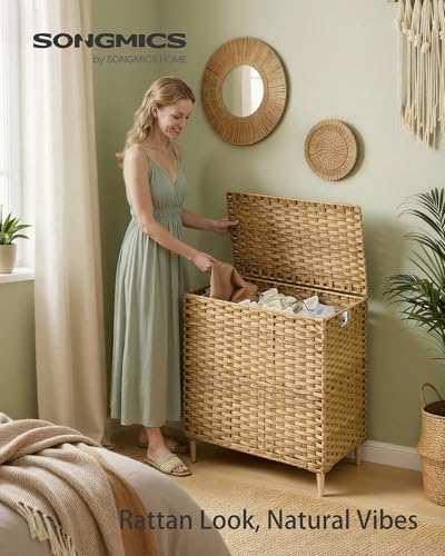 SONGMICS 3-Section Laundry Hamper with Lid, 42.2 Gal (160L) PE Rattan Laundry Basket with Removable Washable Liners, for Bedroom & Living Room, Goose Yellow ULCB223YE01 - color: Goose Yellow, size: 160 L (3 Basket)