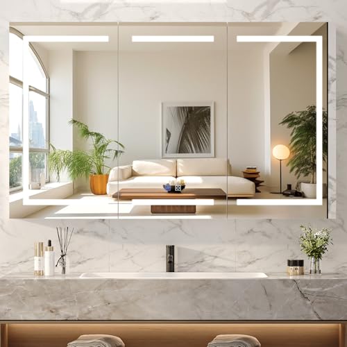 VINGLI 60 x 36 Inch Extra Large Lighted Bathroom Medicine Cabinet with Mirror, Large 3-Door Wall Mounted Bathroom Medicine Cabinet with Lights, Dimmable Mirror with Storage, Built-in Outlet & USB - size: 5.9"D x 60"W x 36"H