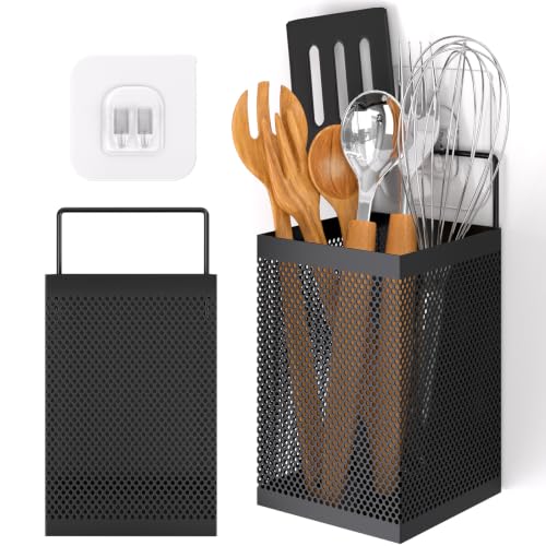DTUQYX Wall-Mounted Kitchen Utensil Holder - No Drilling Self-adhesive Organizer Basket Countertop Silverware Caddy, Dual Use Mesh Storage for Spoons, Forks, Cooking Tools Bathroom & Makeup, Black