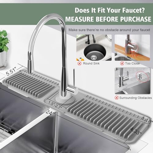 24-Inch Kitchen Sink Splash Guard Mat | 7° Slope for Fast Self-Draining | Snap-Lock Design | Universal & Cuttable Silicone Faucet Mat Gray - color: Gray, size: 24" x 5.5"