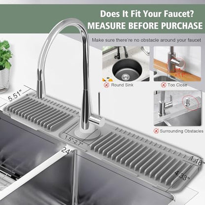 24-Inch Kitchen Sink Splash Guard Mat | 7° Slope for Fast Self-Draining | Snap-Lock Design | Universal & Cuttable Silicone Faucet Mat Gray - color: Gray, size: 24" x 5.5"