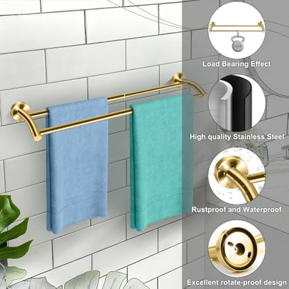 MGahyi Gold Telescopic Double Towel Bar Wall Mount 14.5-24.8Inch | Rustproof Towel Rack with Widened Spacing, Scratch-resistant & Durable for Bathroom Kitchen RV - color: Gold