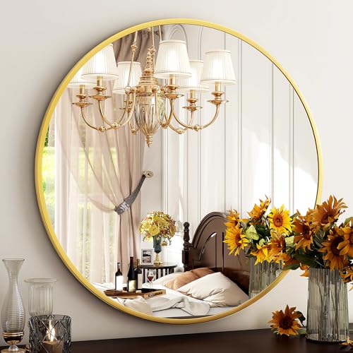 HARRITPURE 24 Inch Round Mirror Gold Circle Bathroom Mirror | Modern Aluminum Alloy Frame Wall Mounted Vanity Mirror for Living Room, Bedroom, Entryway - color: Gold, size: 24"L x 24"W