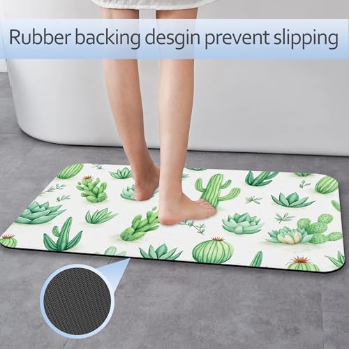 Cactus Succulent Bathroom Mat, Non-Slip Rubber Backing Thin Low-Profile Bath Rug, Easy-Clean Bathroom Floor Mat for Shower, Bathtub, Kitchen, or Entryway - color: Cactus and Succulent