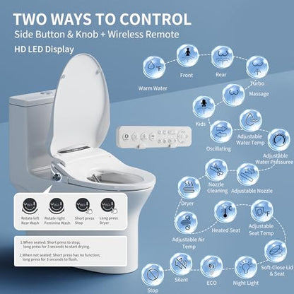 Electric Bidet Toilet Seat Elongated Warm Water Bidet With Dryer | Luxury Smart Bidet with LED Display Panel, Adjustable Pressure, Steel Nozzle, Soft-Close, Wireless Remote, for Villa & Family