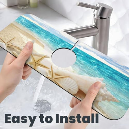 Beach Starfish Seashell Shell Summer Kitchen Sink Splash Guard Faucet Mat Super Absorbent Fast Drying Mat Sink Gadgets-Fast Drying Pad Sink Mat For Kitchen Bathroom (15" X 5.5" ) - color: Beach Starfish Seashell