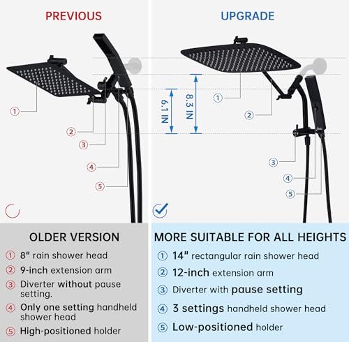 G-Promise 14 Inch All Metal Rain Shower Head with Handheld (Matte Black) | Suits Every Height, Pause Mode Diverter, Massage Mode Handheld, Full Body Coverage, Easy to Install, Modern Bath Upgrade - color: Matte Black, size: 14 Inch