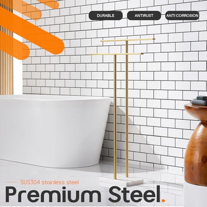 Standing Towel Racks for Bathroom 2-Tier Towel Holder Free Stand with Heavy Marble Base Brushed Gold Thicken Steady Design Stainless Steel AN7005GD - color: Brushed Gold