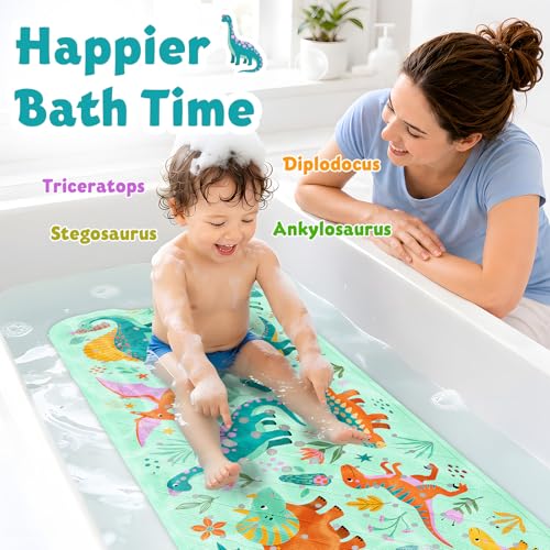 Baby Bath Mat for Tub Non Slip Kids, BPA Free Extra Long Bathtub Mat 40x16 with Drain Holes and 200 Suction Cups, Non Toxic Machine Washable Toddler Bath Mat, Eco-Friendly Certified - color: K-dense Dinosaurs-1