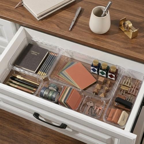 14 Pcs Expandable Clear Drawer Organizer|3-Size Extendable Drawer Dividers | Adjustable Plastic Storage Boxes, Arcrylic Storage Bins for Makeup Vanity Drawer Dresser DIY Desk Office Kitchen Utensils - size: 14PCS