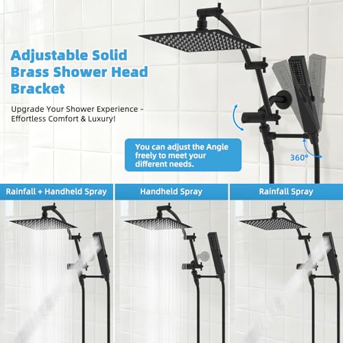 Hibbent All Metal CUPC Certified 8'' Rainfall Shower Head, Dual Shower Head Combo, High Pressure Handheld 4 Sprays Shower Wand, 16'' Adjustable Extension Arm, 71'' Hose, Shower Holder, Matte Black - color: Matte Black, style: Square 8''