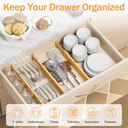 Bamboo Drawer Dividers Organizers, 2.56" High, 17"-21.8" Adjustable, 6 Pack | Expandable Separators, Great for Utensils, Kitchen, Bedroom, Dresser and Office Storage - style: bamboo-6Pack