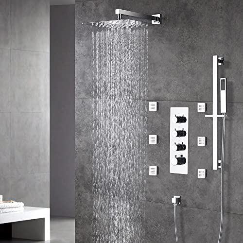 Cascada Luxury 12” Rainfall Shower set (Wall Mounted) with 4 knob thermostatic Valves & 3 functions (Rainfall, Body jets & Hand Shower) (Polished Stainless Steel) - color: Polished Stainless Steel