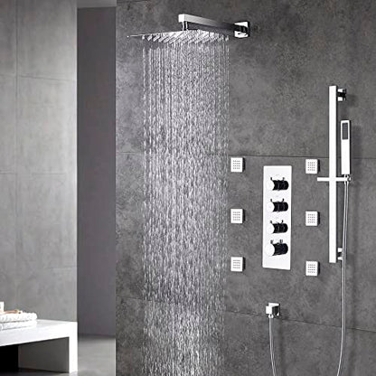 Cascada Luxury 12” Rainfall Shower set (Wall Mounted) with 4 knob thermostatic Valves & 3 functions (Rainfall, Body jets & Hand Shower) (Polished Stainless Steel) - color: Polished Stainless Steel