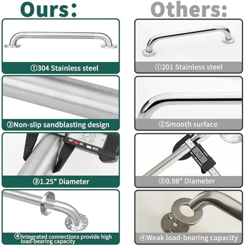 Shower Grab Bars for Seniors, Bathroom Safety Bar 12 Inch | 304 Stainless Steel Balance Handrail, ADA Compliant, Non-Slip Shower Handles for Elderly, Handicap, Children and Disabled - size: 12 Inch