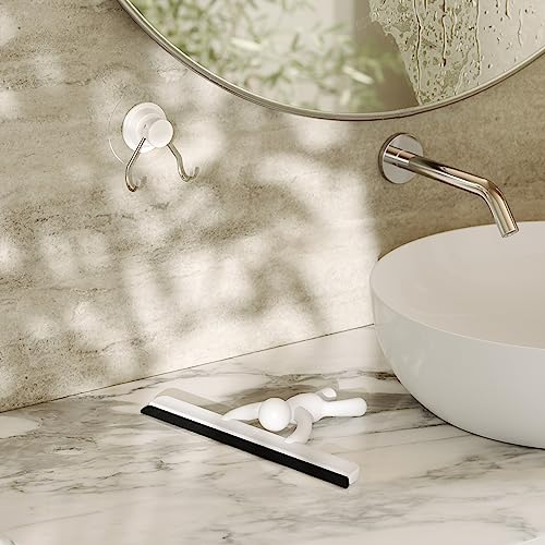 Umbra Buddy Adhesive Squeegee, Shower Glass and Mirror Cleaner, White | Streak-free flexible blade, mounts on tile or drywall, easy clean silicone, anti-rust plastic