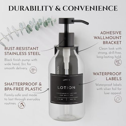 Shower Shampoo Dispenser Wall Mounted – Refillable 16.9 oz Clear Bottle with Stainless Steel Pump & No-Drill Adhesive Holder – Soap Dispenser for Bathroom (1 X Clear/Black) - color: 1 X Clear/Black