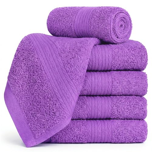 100% Cotton Washcloths 12x12 Inches, 600 GSM, Soft & Absorbent, Durable, Set of 5, Purple - color: Purple, size: Washcloth Set of 5