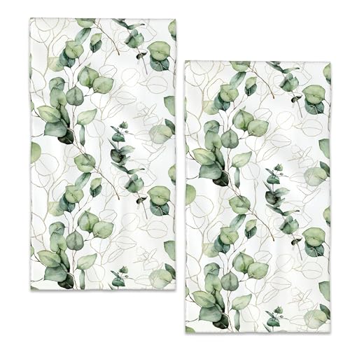 Eucalyptus Leaves Bathroom Hand Towels, Golden Green Lines Bath Hand Towel for Decorative Fingertip Towels Set of 2 for Farmhouse Gym Kitchen Hotel Yoga Gifts - color: Eucalyptus Leaves