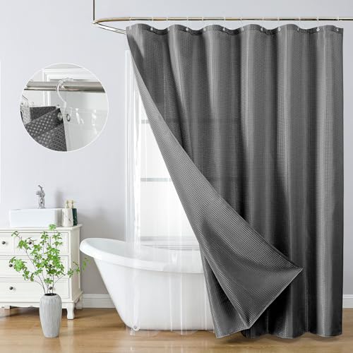 QiyI 3 in 1 Waffle Shower Curtain Set with Liner, Charcoal Grey, 72 x 78 | Shower Curtain and Liner Set with Hooks, Waterproof Bathroom Curtain with PEVA Liner & 12 Double Sided Clear Plastic Rings - color: Charcoal Grey, size: 72"W x 78"L (Pack of 1)