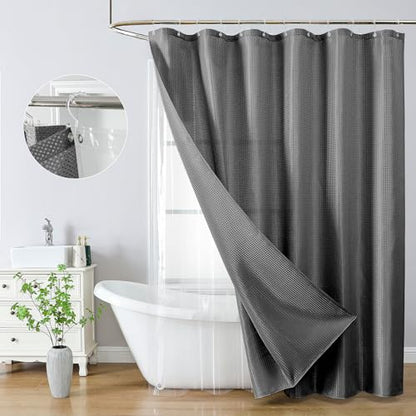 QiyI 3 in 1 Waffle Shower Curtain Set with Liner, Charcoal Grey, 72 x 72 | Shower Curtain and Liner Set with Hooks, Waterproof Bathroom Curtain with PEVA Liner & 12 Double Sided Clear Plastic Rings - color: Charcoal Grey, size: 72"W x 72"L (Pack of 1)