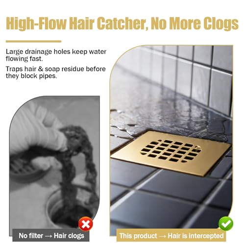 42361 Shower Drain Cover for Oatey 130 Series, 4-1/4" Brushed Gold | Snap-In Square Shower Drain Strainer Helps Prevent Hair Clogs, Improves Drainage & Refreshes Bathroom Floor Drain Appearance