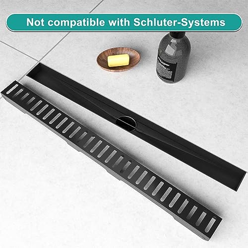 BARONAGE 28 Inch Linear Shower Drain, Capsule Grate, Matte Black | V-shaped Rapid Linear Drains, Rustproof, Hair Catcher, 304 Stainless Steel Rectangle Shower Floor Drain For Bathroom - size: 28 Inch