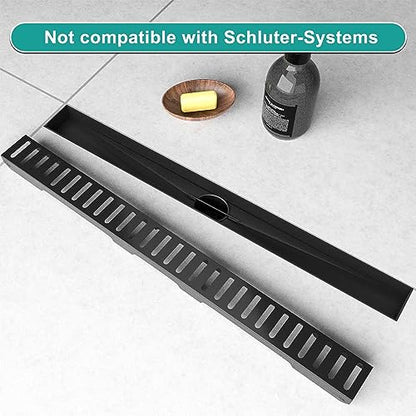 BARONAGE 28 Inch Linear Shower Drain, Capsule Grate, Matte Black | V-shaped Rapid Linear Drains, Rustproof, Hair Catcher, 304 Stainless Steel Rectangle Shower Floor Drain For Bathroom - size: 28 Inch