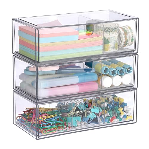 Acrylic Pencil Drawer with Removable Dividers Clear Pull Out Pen Drawer Organizer Stackable Bathroom Organizer for Makeup, Cosmetics, Office Supplies,3 Pack
