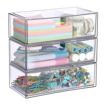 Acrylic Pencil Drawer with Removable Dividers Clear Pull Out Pen Drawer Organizer Stackable Bathroom Organizer for Makeup, Cosmetics, Office Supplies,3 Pack