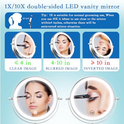 Vanity Mirror with Lights 7" Rechargeable 1x/10x Lighted Makeup Mirror Adjustable Height Double Sided Mirror with Lights 360°Rotating Makeup Mirror