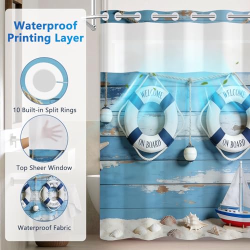 No Hook Shower Curtain with Snap in Liner, Nautical Themed Lifebuoy Shower Curtain with Mesh Top Window and Weighted Hem, 71x74 Inch Double-layer Waterproof Fabric Shower Curtain and Button Liner Set - color: Lifebuoy