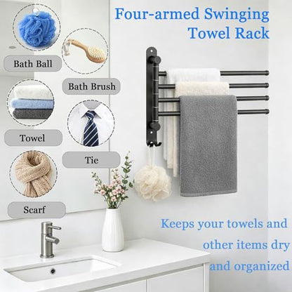 Swivel Towel Rack for Bathroom, 4-Arm 180° Rotating Heavy Duty Towel Bar | Wall Mounted Rustproof Swing Out Towel Holder with Hooks for Space Saving (Matte Black)