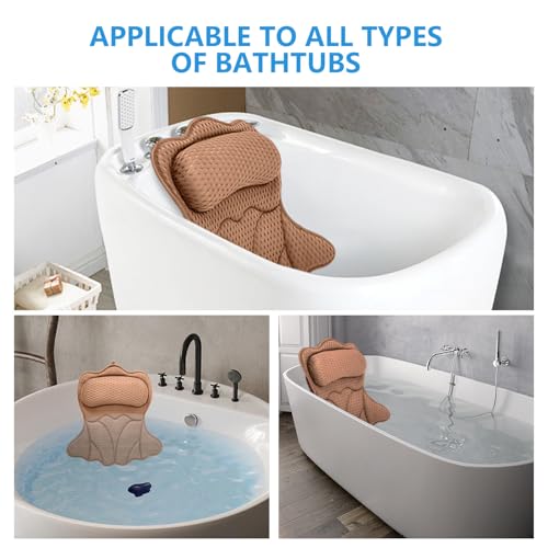 REEZEIVI Bath Pillows for Tub,Thick Neck Back Support Bathtub Cushion,Brown | 4D breathable body-fitting mesh, 6 strong anti-slip suction cups, machine washable & quick drying, durable for all bathtubs - color: Brown