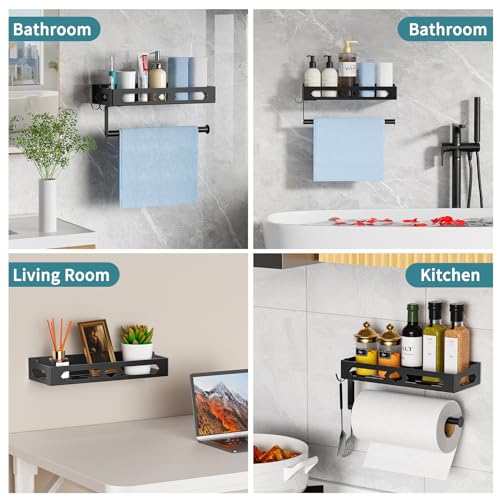 Wall Mount Paper Towel Holder with Shelf for Bathroom, Kitchen,Black 2Hooks | Metal Spice Rack, Easy One-Hand Tear Design Mounted Hanging Hand Paper Towel Roll Holder for RV, Home(Self Adhesive or Drill) - color: Black
