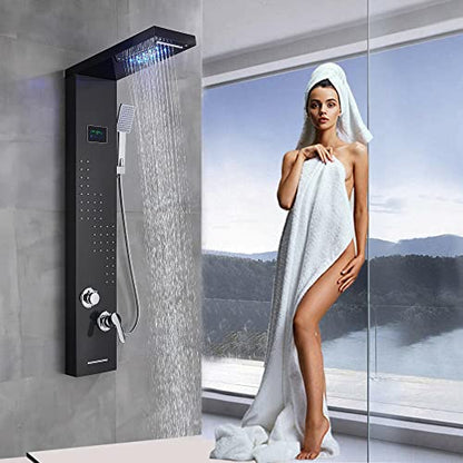 Black Shower Panel Tower System Led Rain Head Combination Massage Body Jets Faucet Shower Column