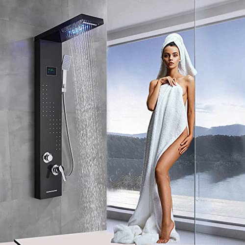 Black Shower Panel Tower System Led Rain Head Combination Massage Body Jets Faucet Shower Column