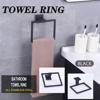 GERZWY Modern Black Towel Holder SUS304 Stainless Steel Towel Hanger Towel Ring for Bathroom Lavatory Wall Mount Contemporary Style JG1906-BK - color: Black