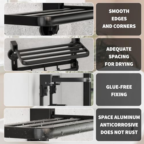 Towel Rack with Towel Bar Holder Suction Cup Foldable Towel Shelf No Drill with 7 Hooks Rustproof Towel Storage Wall Mount for Bathroom Lavatory Matte Blackish Gray20 Inch